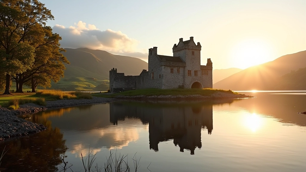 Golden hour sunlight illuminating castle ruins reflected in calm lake waters with walking path visible