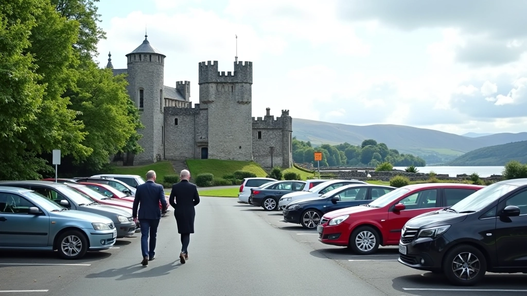 Parking area and signage at Ross Castle with visitors walking toward the castle entrance