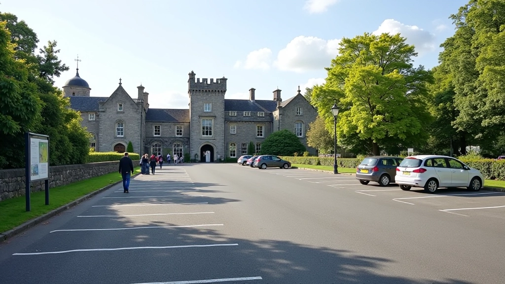Castle entrance signage and well-maintained tarmac car park with vehicles and visitor facilities visible