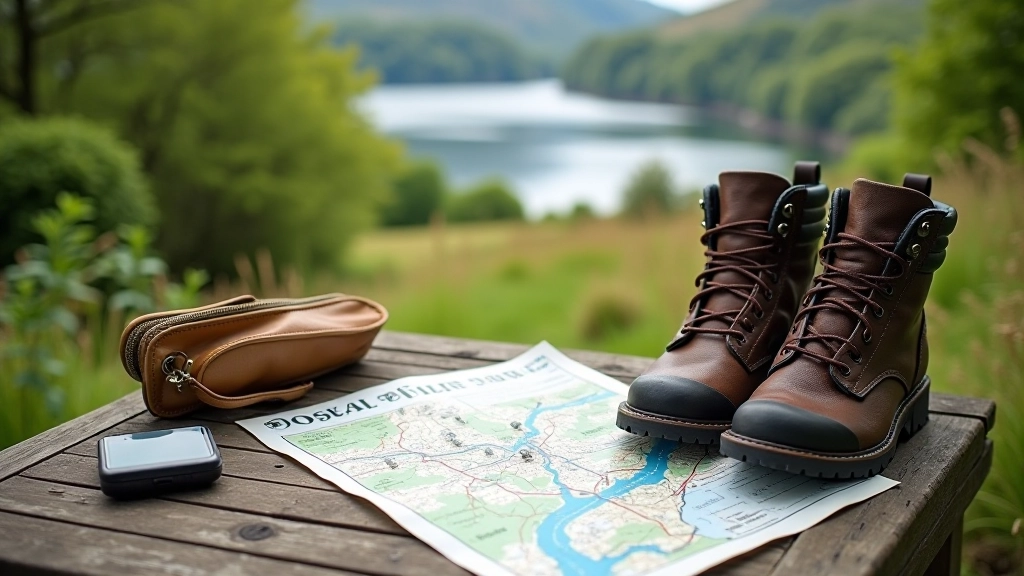 Walking map and hiking boots on table with planning materials, outdoor preparation