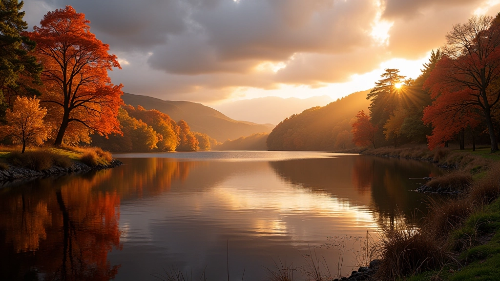 Autumn colored trees reflected in calm lake water at sunset with golden light