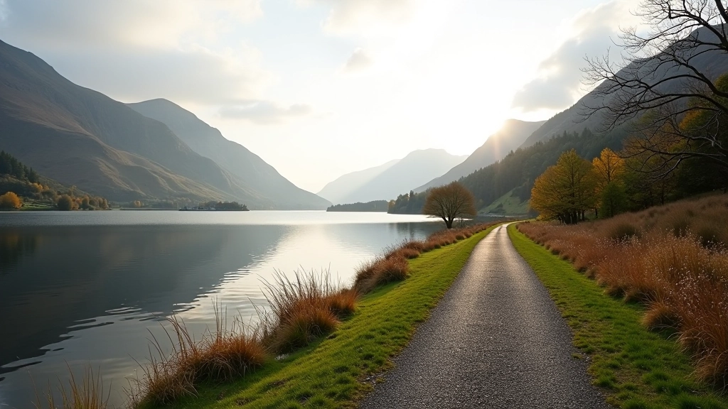 Scenic lakeside walking path with water on one side and mountain backdrop, peaceful morning atmosphere with soft lighting