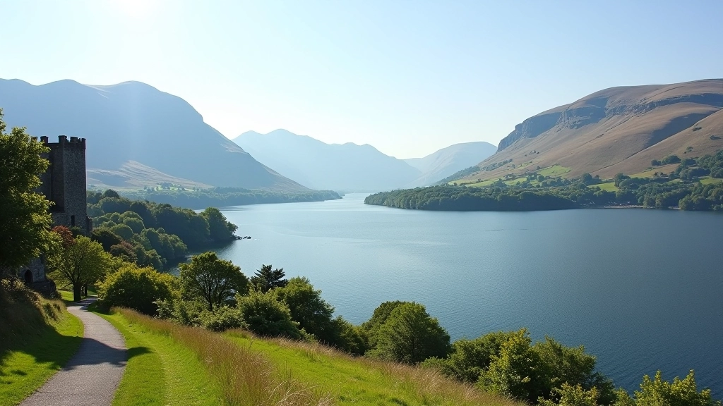 Elevated viewpoint overlooking entire Lough Leane with castle visible in the distance, mountains forming a natural frame