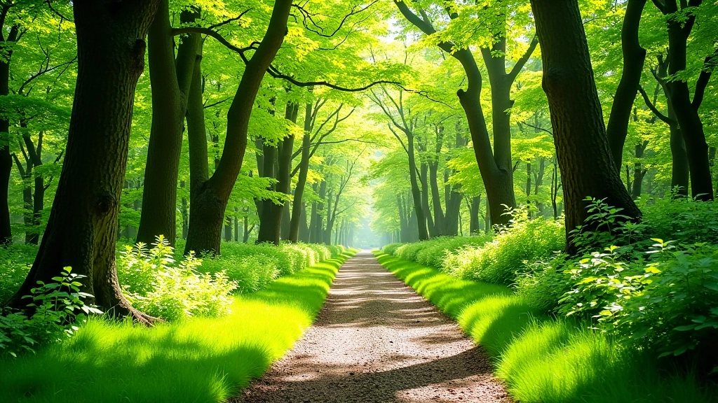 Dense green woodland path with dappled sunlight filtering through trees, natural forest canopy environment