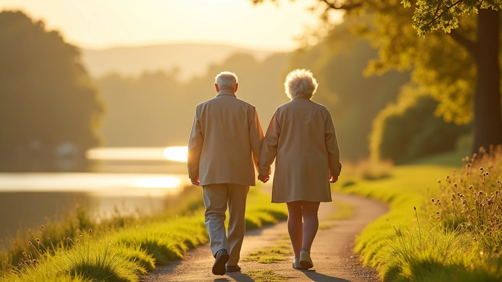 Pensioners enjoying a peaceful walk along the lakeside trail
