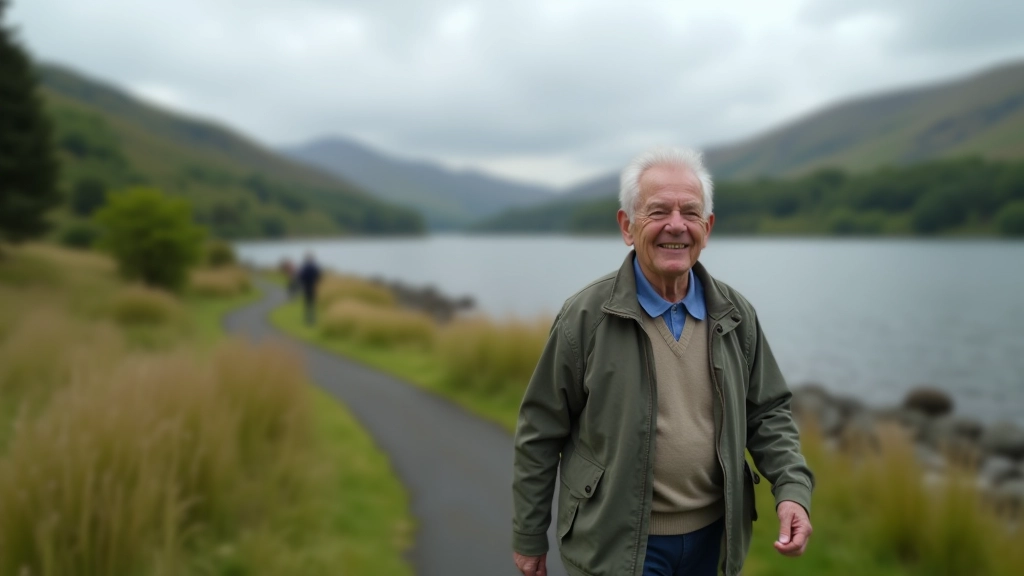 Senior walker on flat castle ground path with Lough Leane in background, sunny day, clear trail ahead