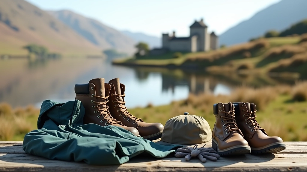 Outdoor clothing laid out showing waterproof jacket, walking boots, hat and gloves against castle landscape backdrop