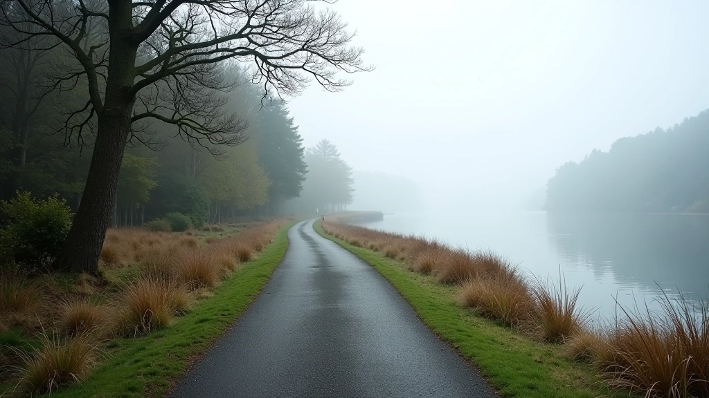 Rainy day at lakeside with person in waterproof jacket on path, misty castle grounds, wet trail