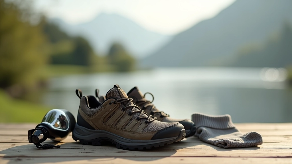 Walking shoes and hiking socks arranged on wooden floor with water bottle, outdoor gear setup