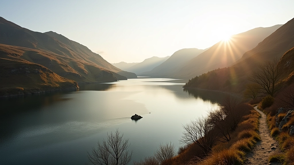 Panoramic view of Lough Leane with MacGillycuddy's Reeks mountains in the distance, lake reflecting afternoon sunlight