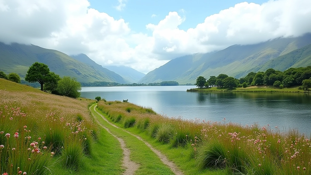 Panoramic view of Lough Leane with mountain ranges in background, wildflowers along the walking trail