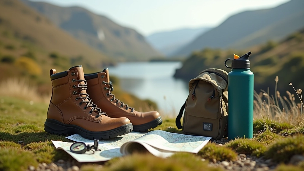 Close-up of hiking boots, backpack, water bottle and map laid out on ground