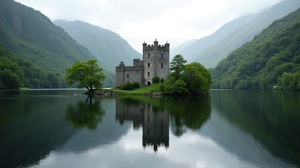 Scenic view of Ross Castle reflected in calm water with green hills behind