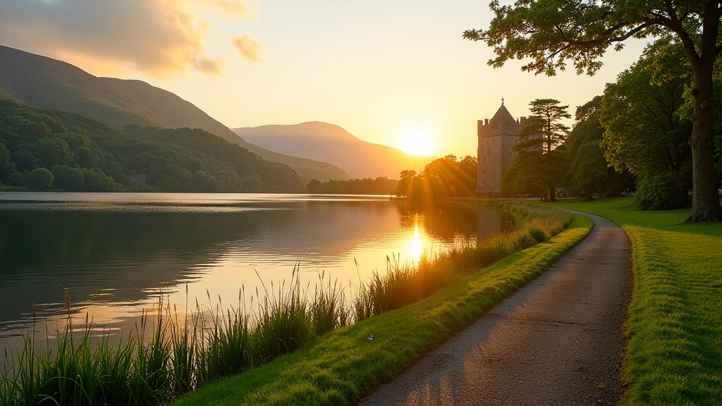 Ross Castle shoreline with golden evening light reflecting off Lough Leane water