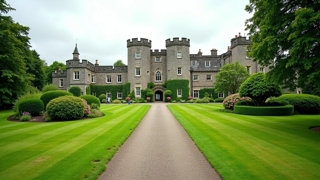Ross Castle stone grounds with manicured lawns, historic architecture, accessible walking paths