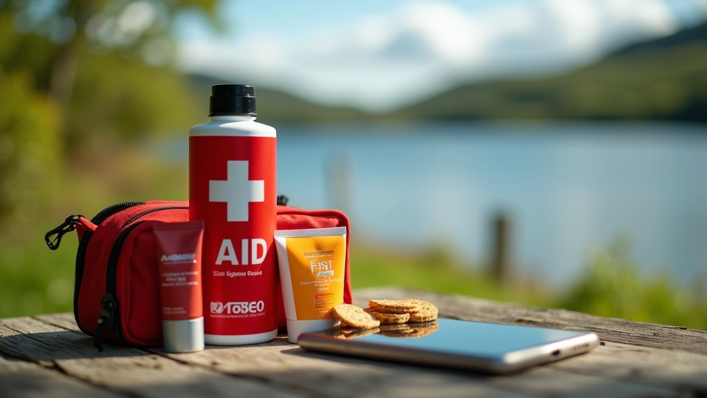 First aid kit and safety essentials laid out: water bottle, phone, sunscreen, blister treatment