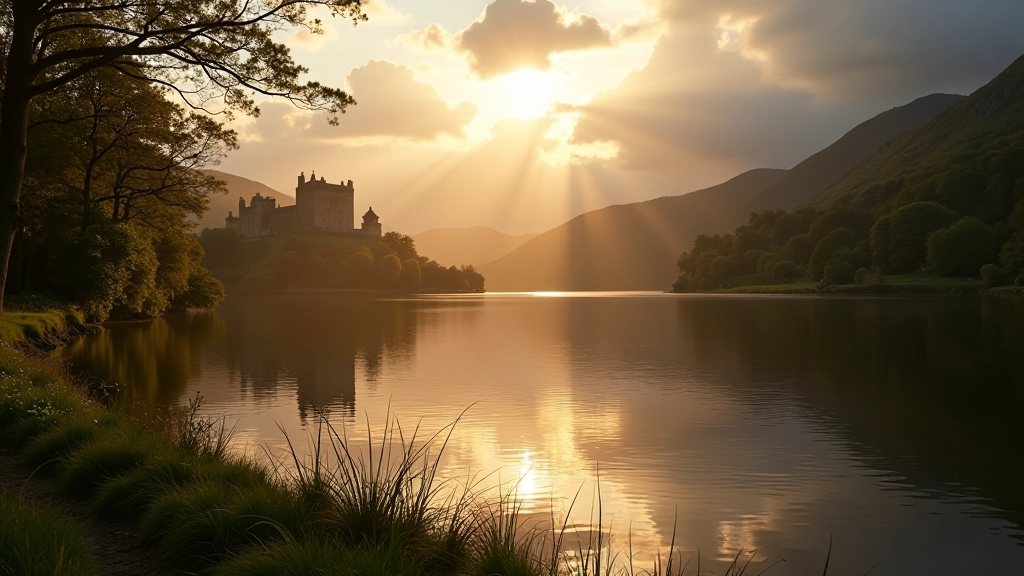 Beautiful lakeside view with castle ruins and water reflections