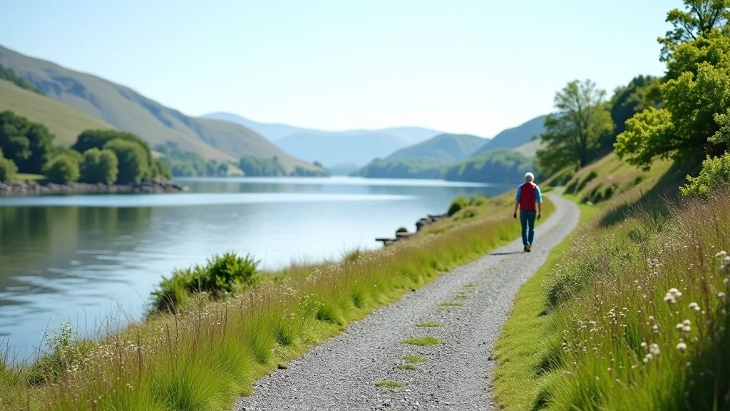 Scenic walking path winding along the shore of Lough Leane with castle visible in distance