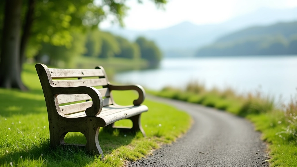 Wooden bench overlooking Lough Leane with castle ruins visible, peaceful water view, green grounds