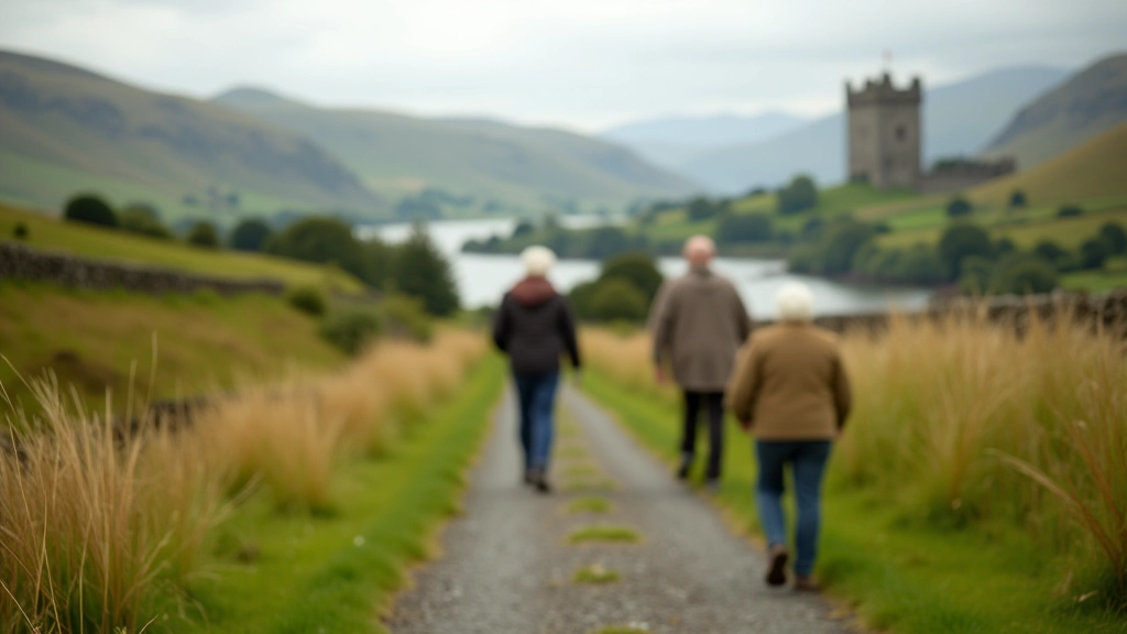 Elderly person walking on peaceful country path with castle visible in background