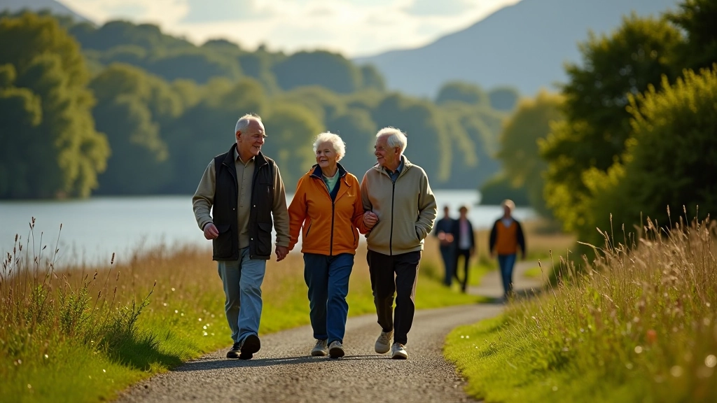 Group of active pensioners walking together on scenic lakeside path with guide, enjoying outdoor activity